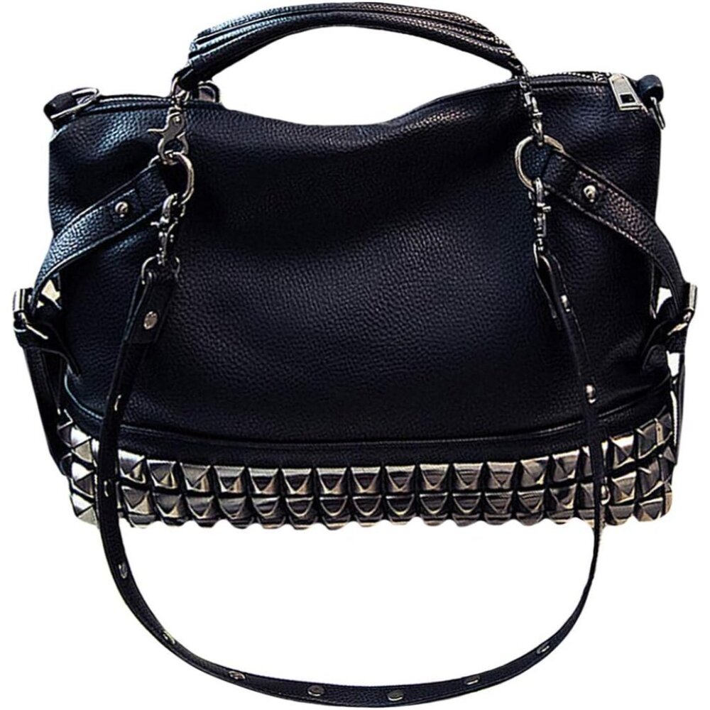 Punk Rivet Hobo Handbag for Women Large Crossbody Faux Leather Black Stylish Ret - Picture 1 of 6